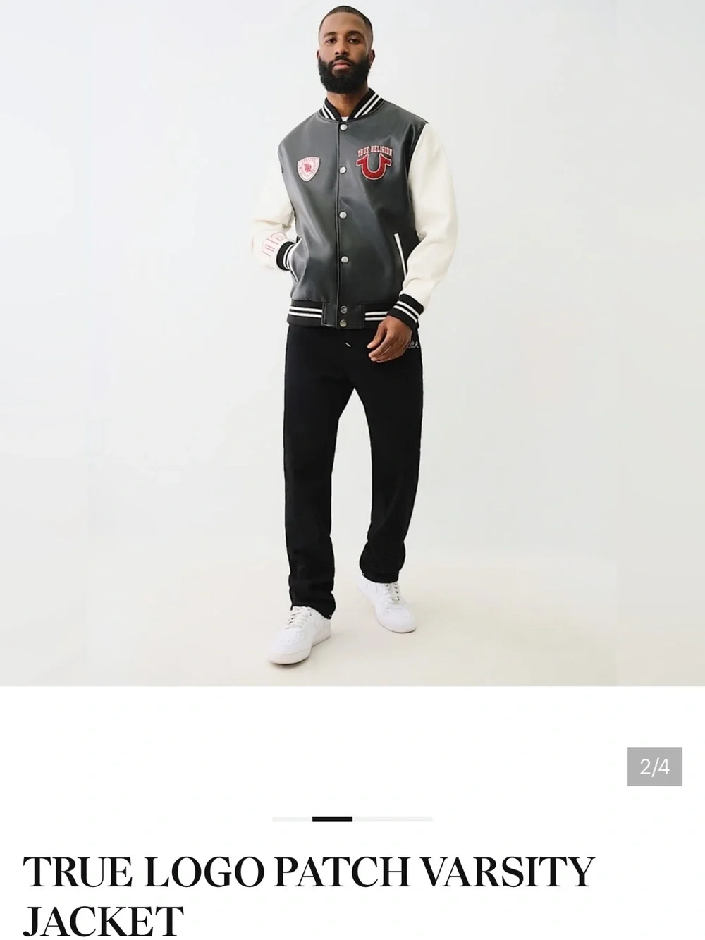 True Religion Black Body White Sleeve Logo Patch Varsity Jacket